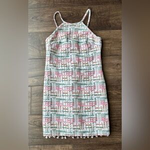 Trina Turk Patsy Halter Dress - Size 4 - Rainbow Geometric Pattern - Fringe Trim
